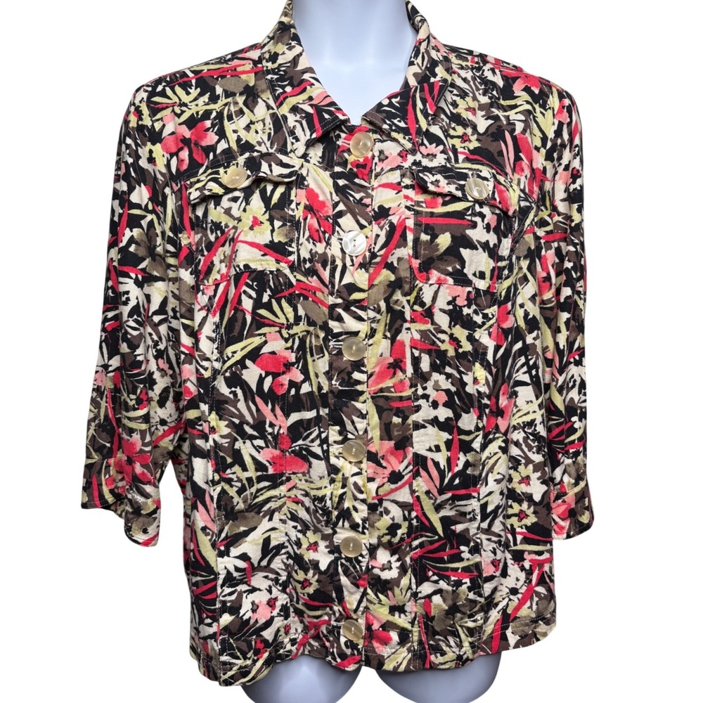 CJ BANKS Womens Multicolor Tropical Linen Blend Button Front Jacket 2X Boho-Chic